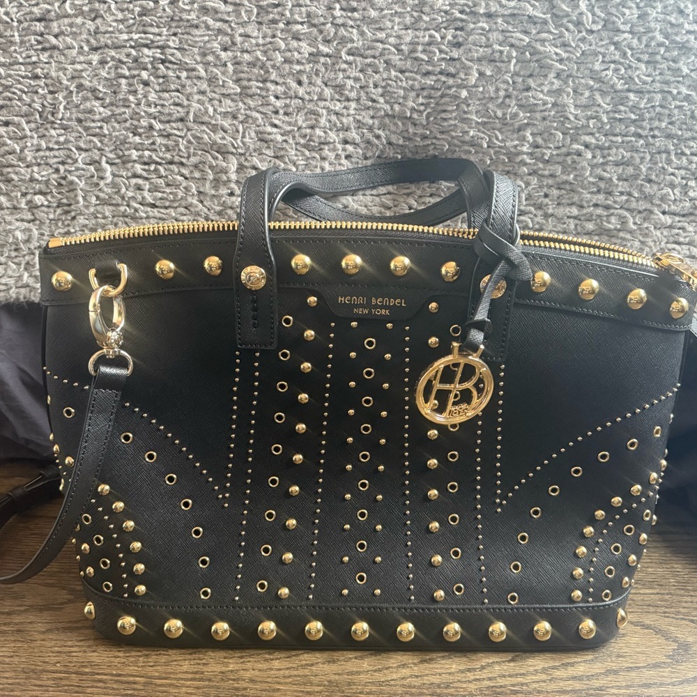 Henri Bendel Black Satchel with Gold Accents